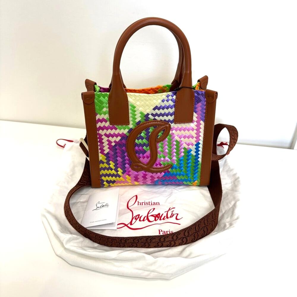 CHRISTIAN LOUBOUTIN By My Side Mini Tote Crossbody Bag Colorful Woven Brown Logo